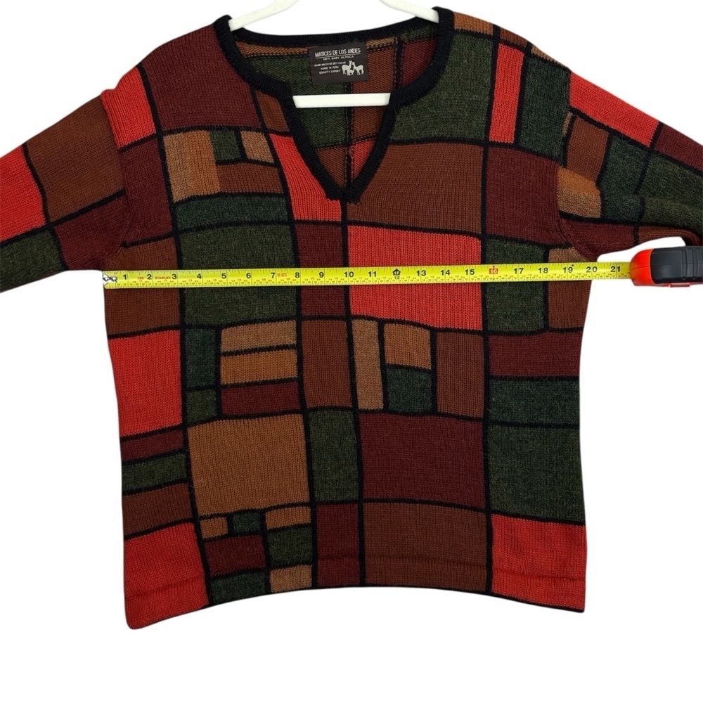 Matices De Los Andes Colorblock Sweater 100% Baby Alpaca Orange & Green V-Neck - Picture 5 of 7